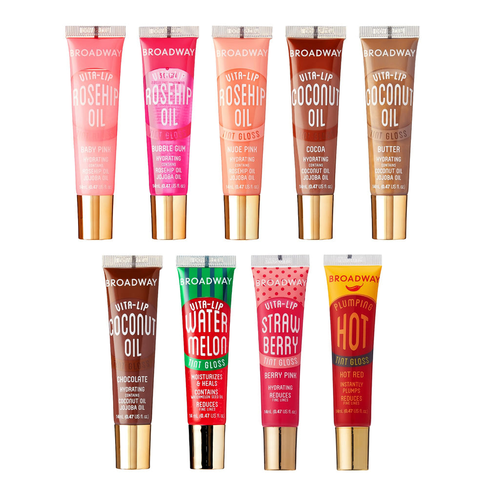 Ruby Kisses Broadway Vita-Lip Gloss pink tube provides long-lasting hydration for daily shine