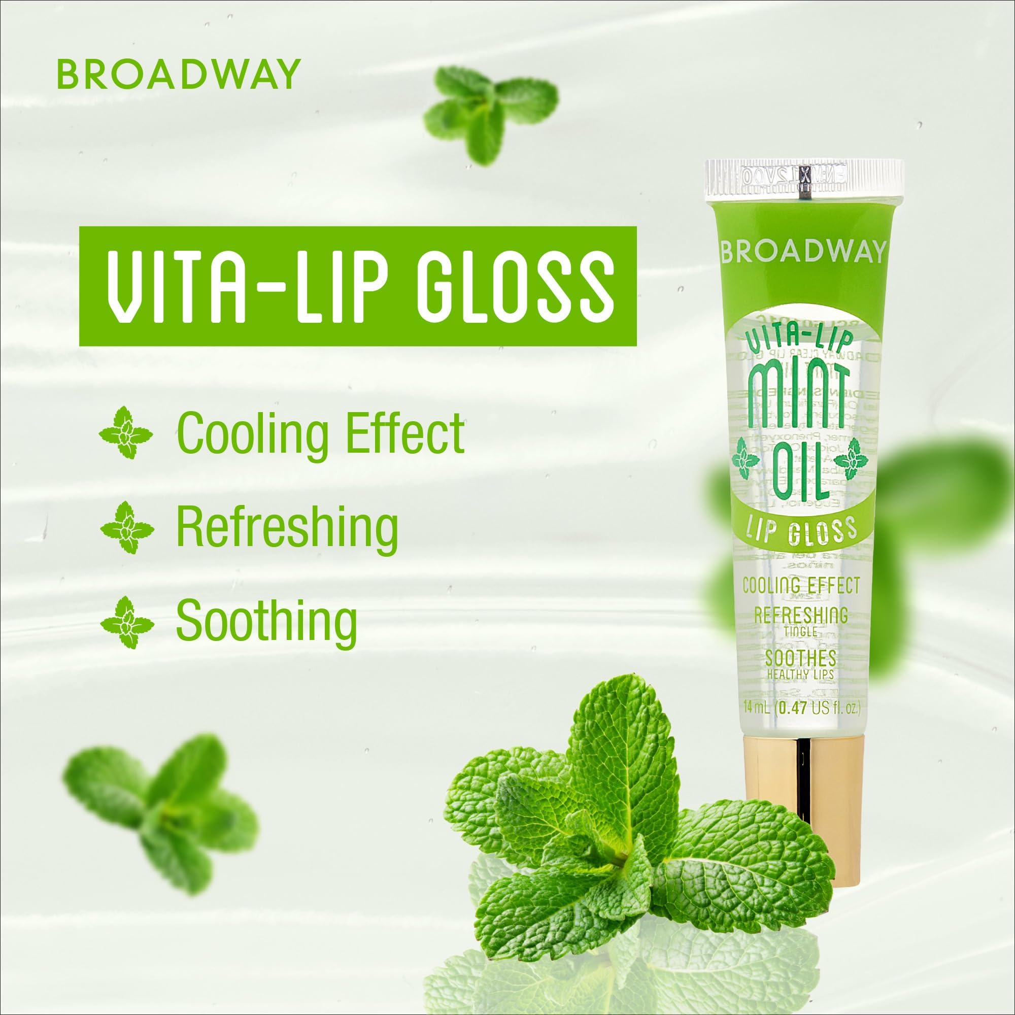 Ruby Kisses Broadway Vita-Lip Gloss Menthe, gloss clair pour lèvres rafraîchies et lumineuses.