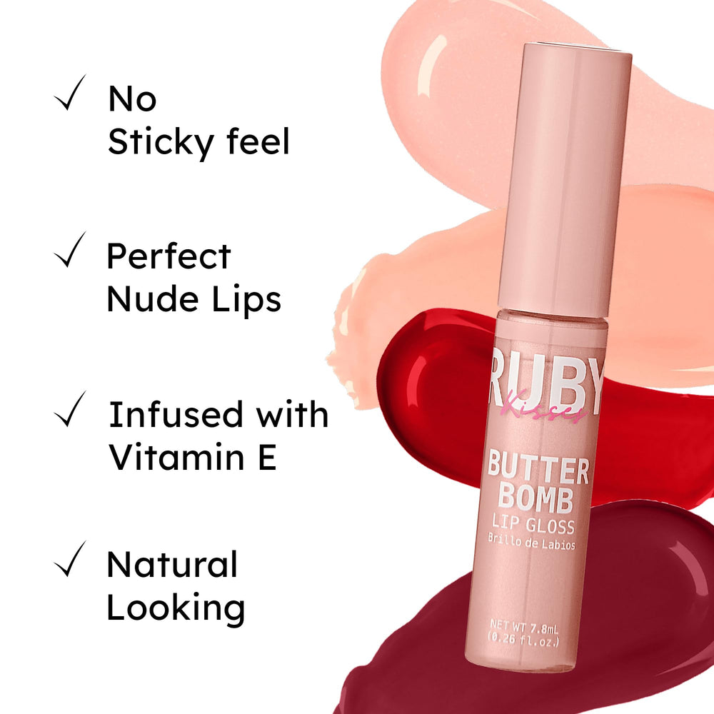 Ruby Kisses Butter Bomb Gloss on lips delivers creamy, kissable sheen.