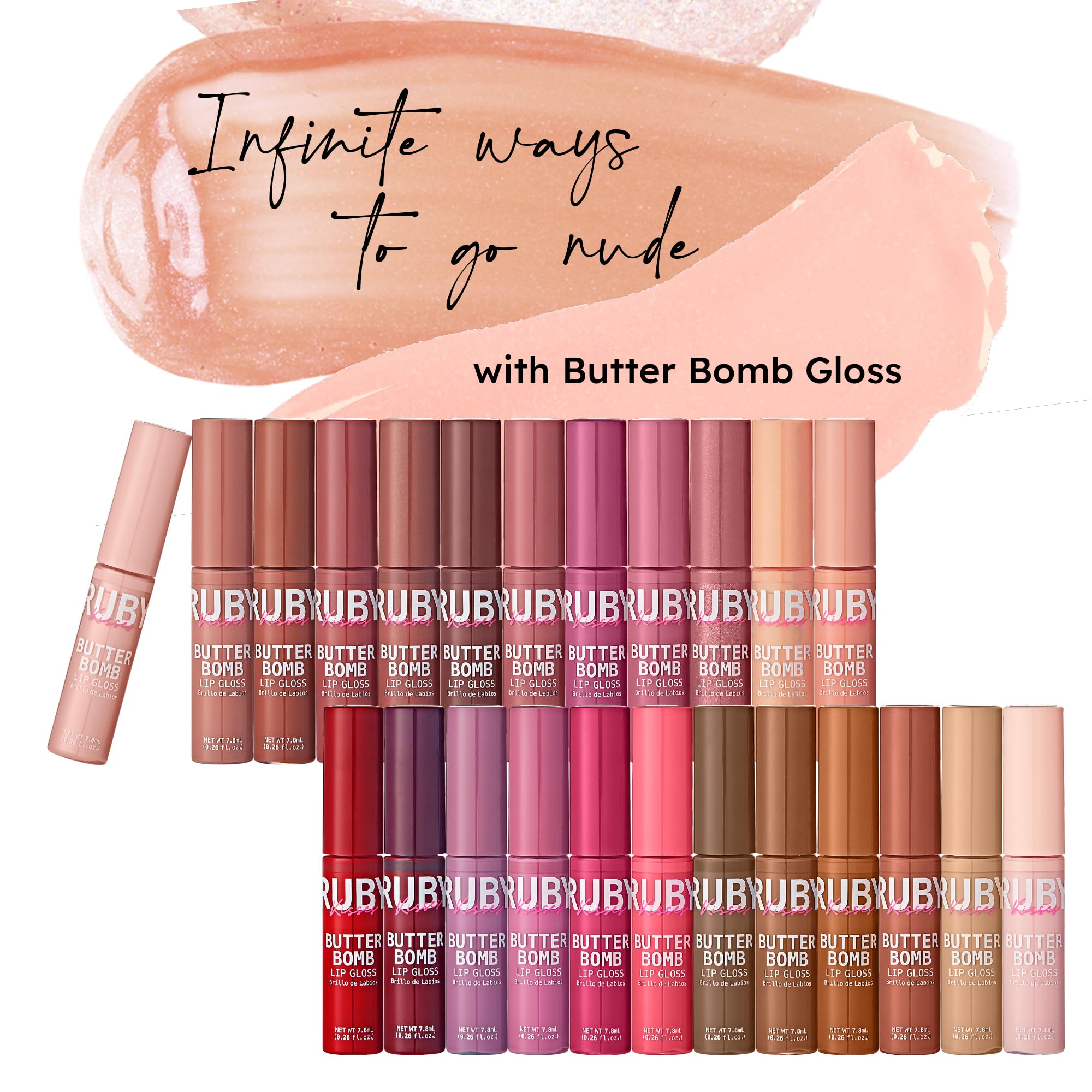 Ruby Kisses Butter Bomb Gloss ingredient panel highlights Vitamin E conditioning.
