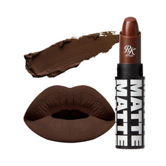 Ruby Kisses Espresso matte lipstick tube close-up showing rich color for all-day wear.