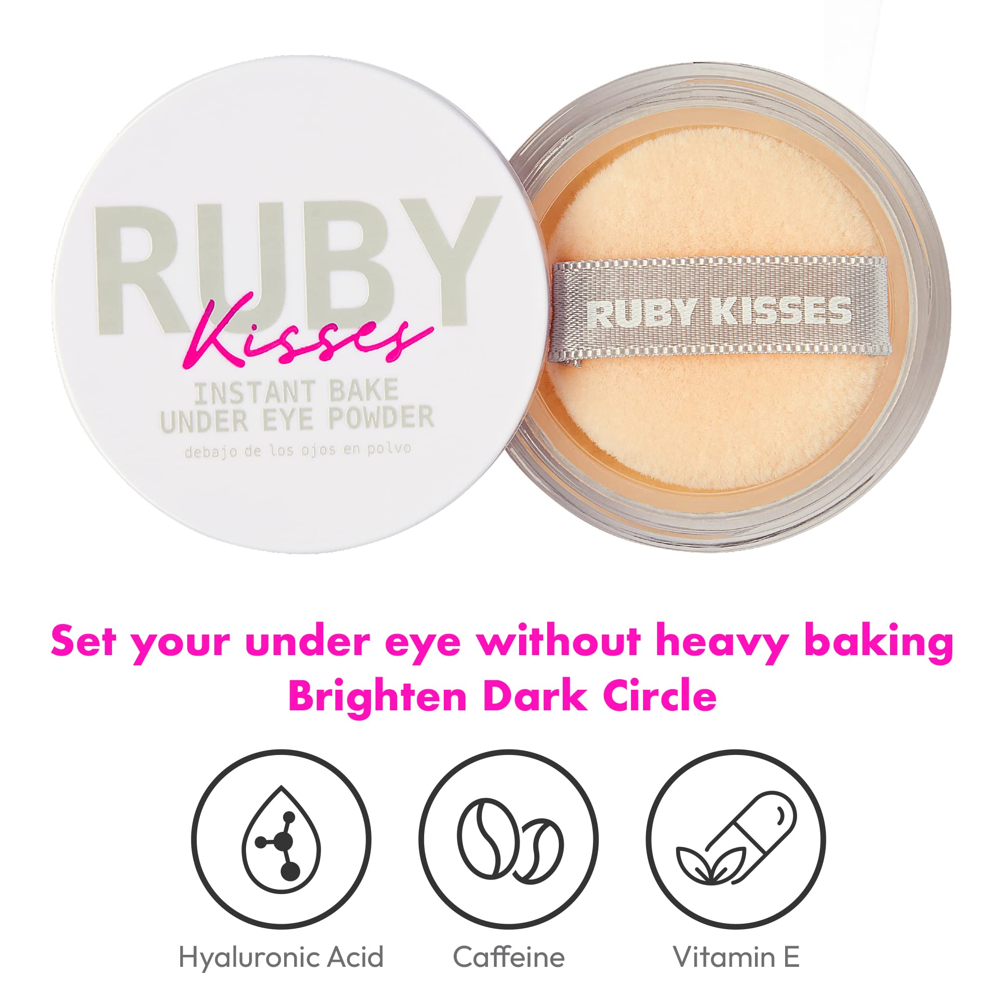 Ruby Kisses Instant Bake under-eye powder with caffeine helps awaken the eye area.
