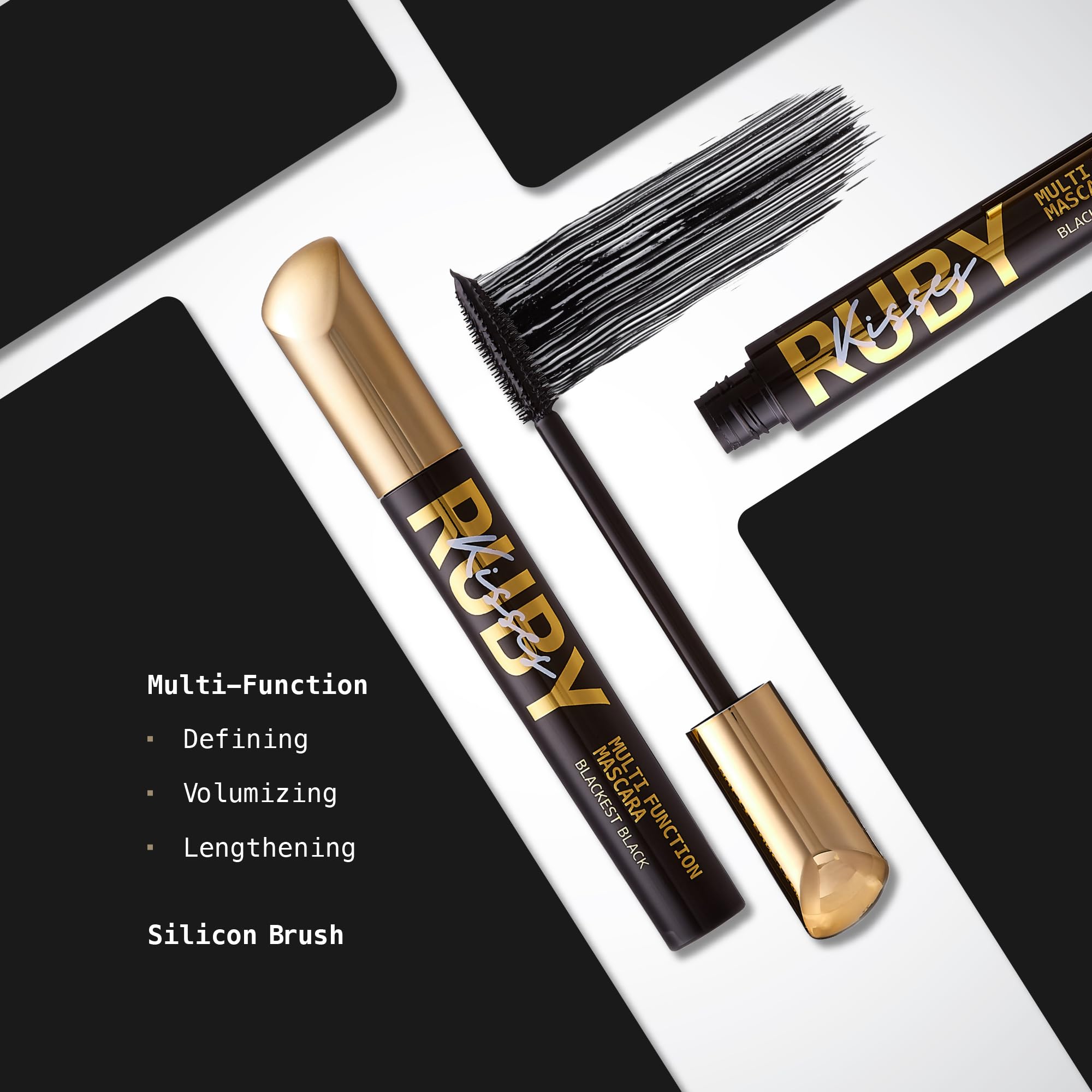 Lashes with generous length and volume using Ruby Kisses Mascara for a fan-eyed look.