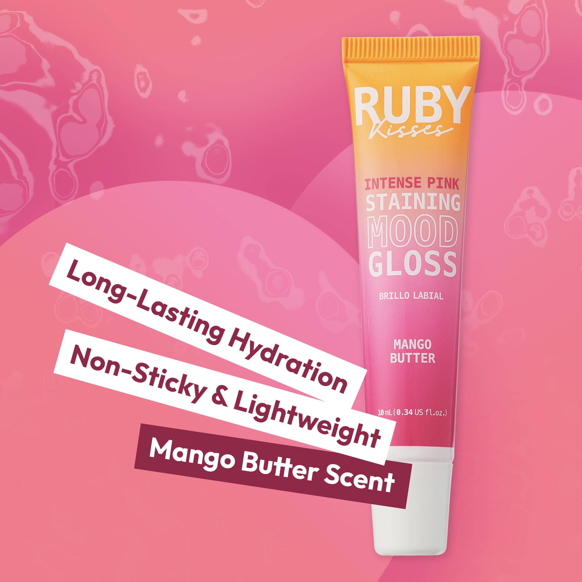 Ruby Kisses lip gloss with gel texture delivers lightweight, non-sticky shine.