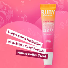 Ruby Kisses lip gloss with gel texture delivers lightweight, non-sticky shine.