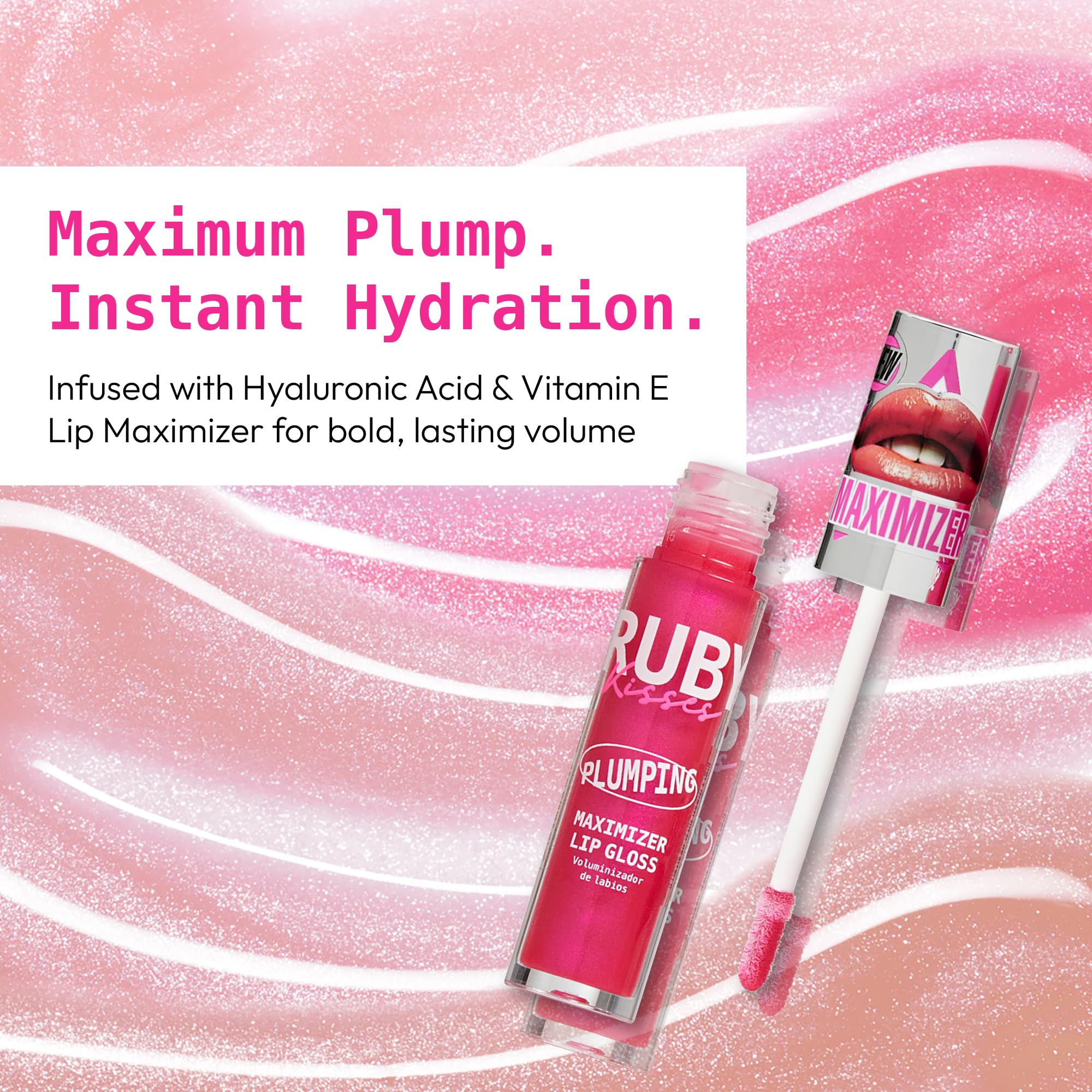 Ruby Kisses Strawberry Kiss gloss tingling moment indicating plumping action.
