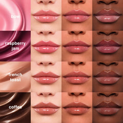 Ruby & Millie Bow & Coffee gloss on lips adds subtle shine.