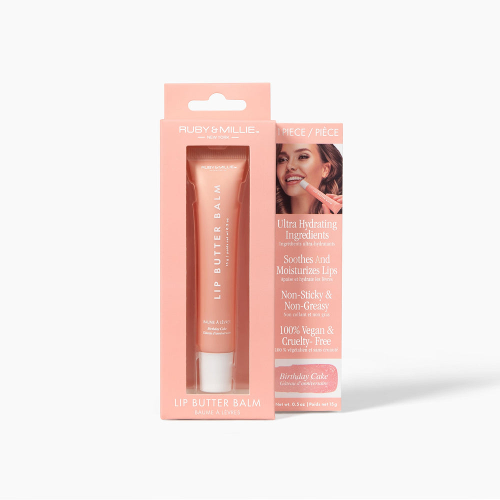 Ruby & Millie Birthday Cake lip balm ideal for daily wear and layering.