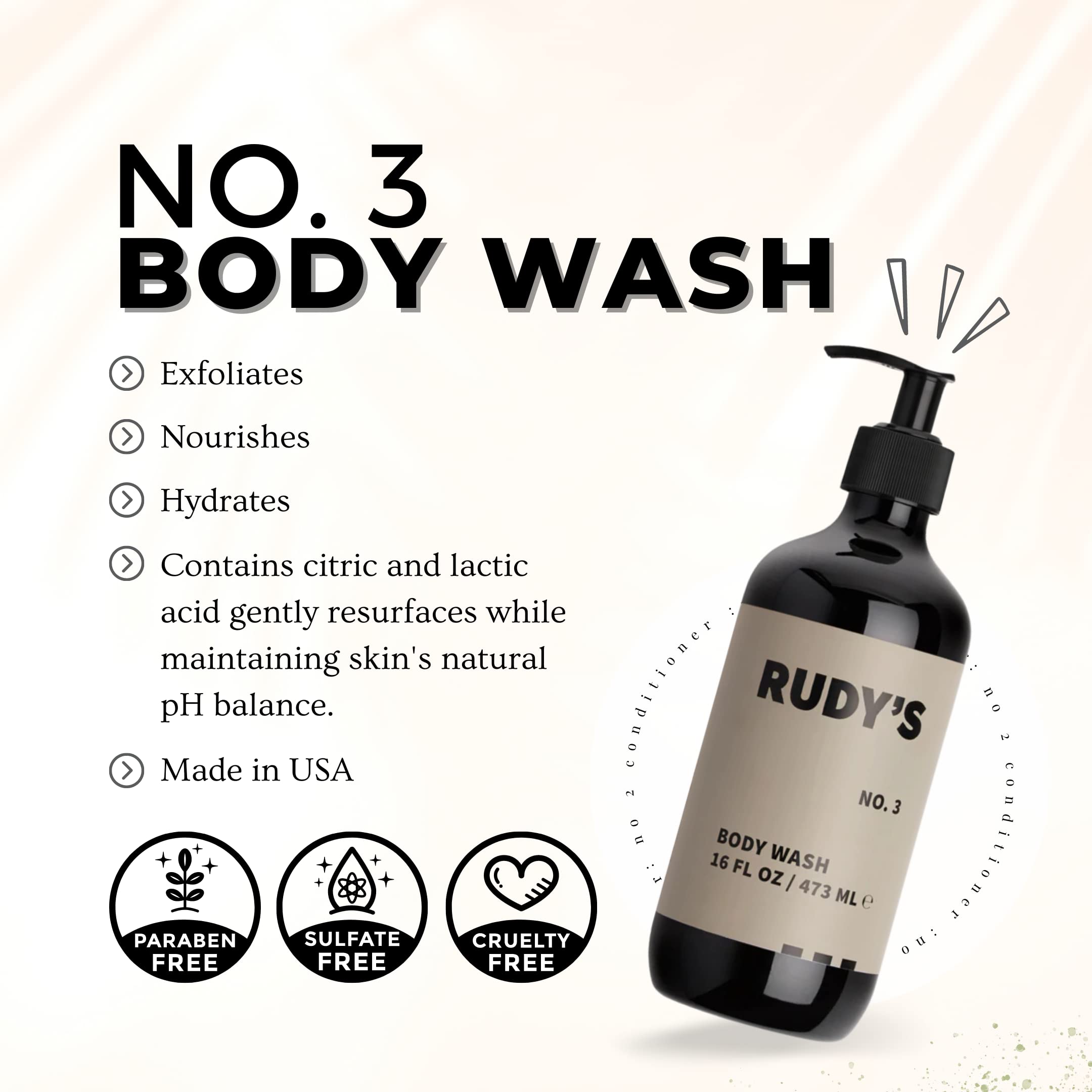 Rudy's No. 3 creamy lather highlighting gentle exfoliation and hydration