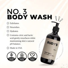 Rudy's No. 3 creamy lather highlighting gentle exfoliation and hydration