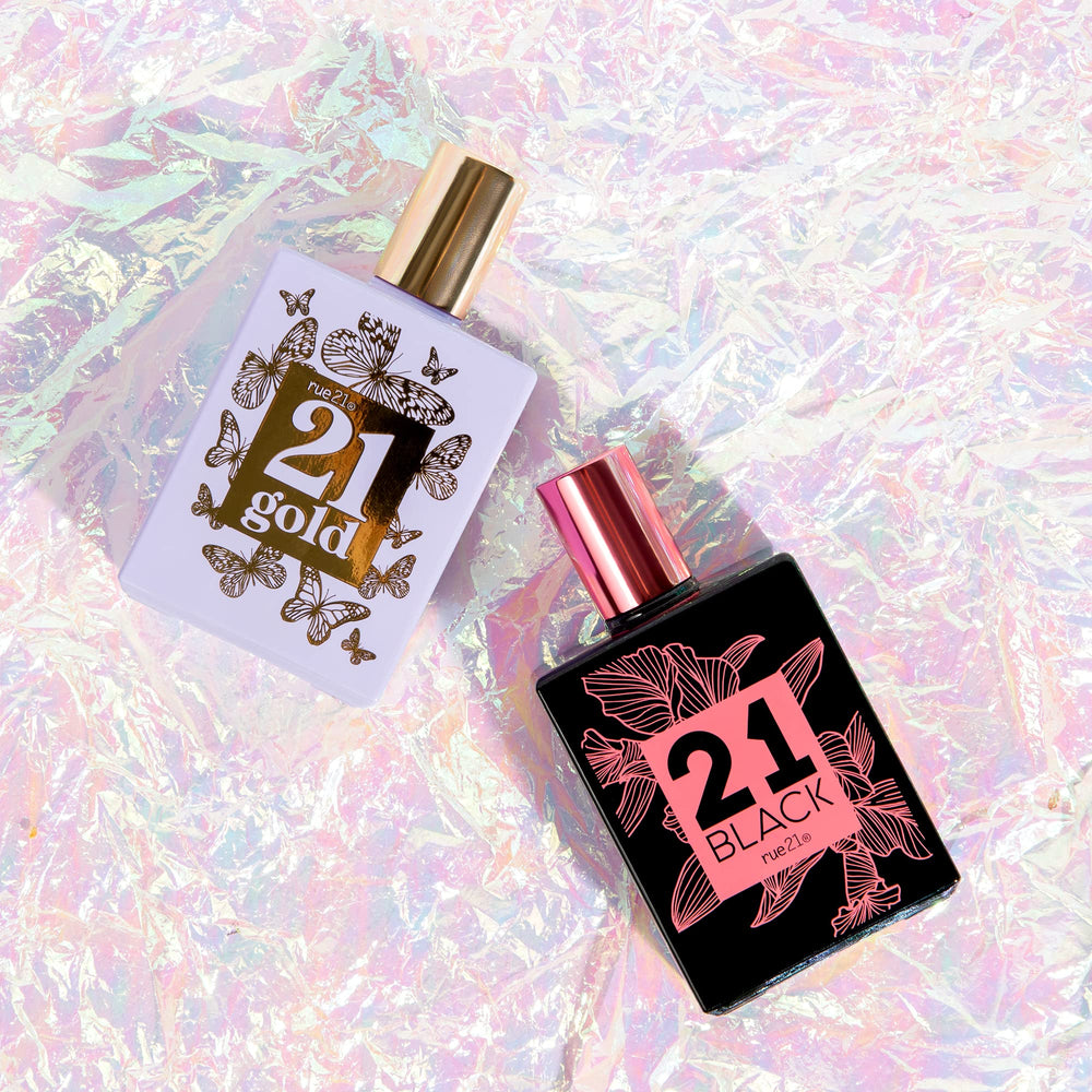 Rue 21 Gold scent collection display for a chic fragrance wardrobe.