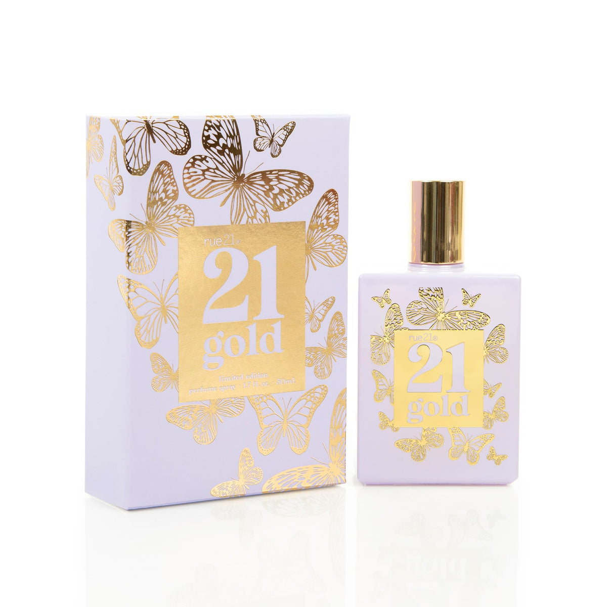 Rue 21 Gold bottle spray showing glam finish for everyday wear.
