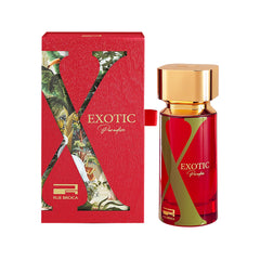 Rue Broca Exotic Paradise bottle close-up reveals pomegranate and vanilla notes for evening allure.