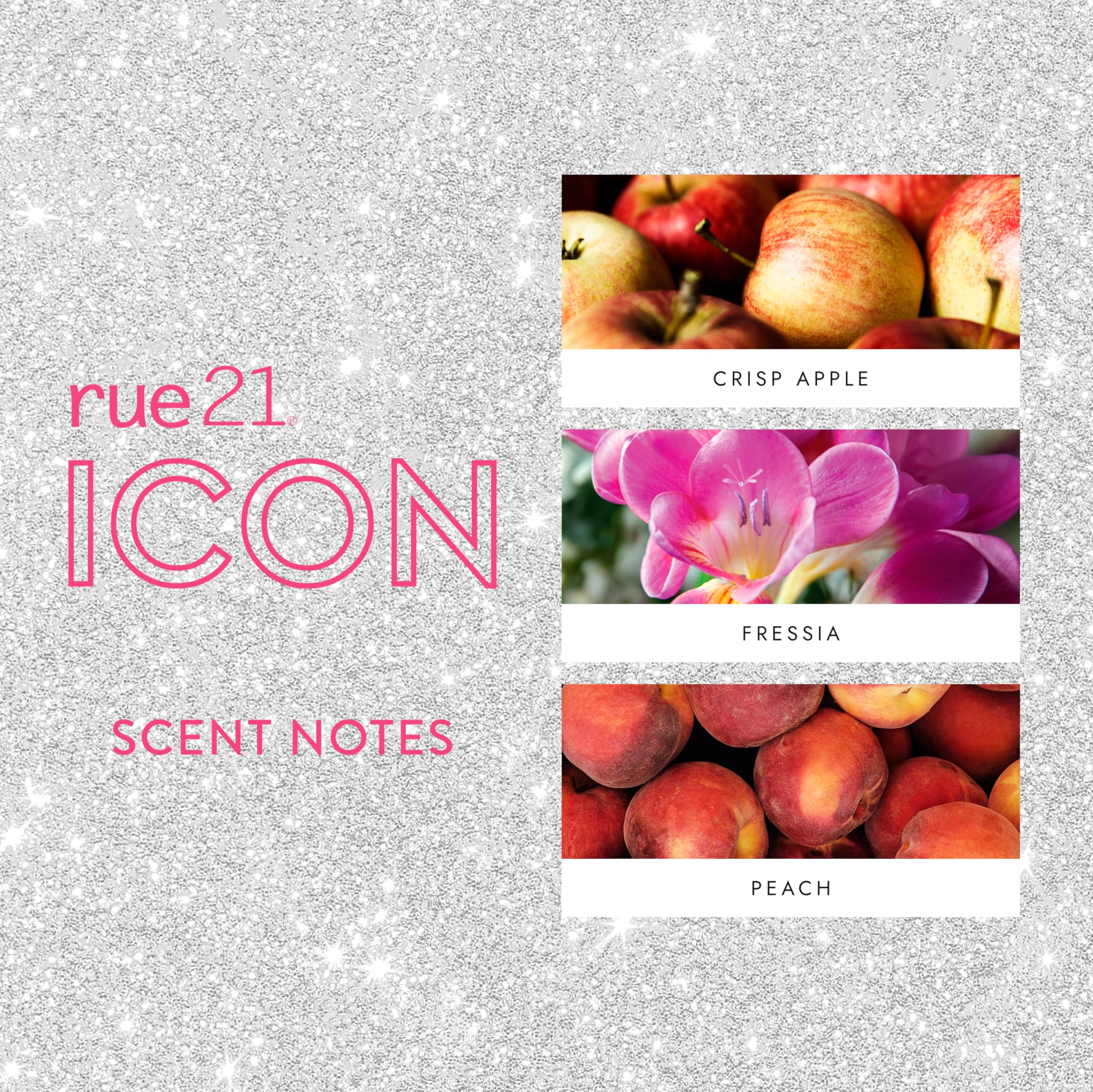 Rue 21 Icon Eau de Parfum packaging design in modern style.