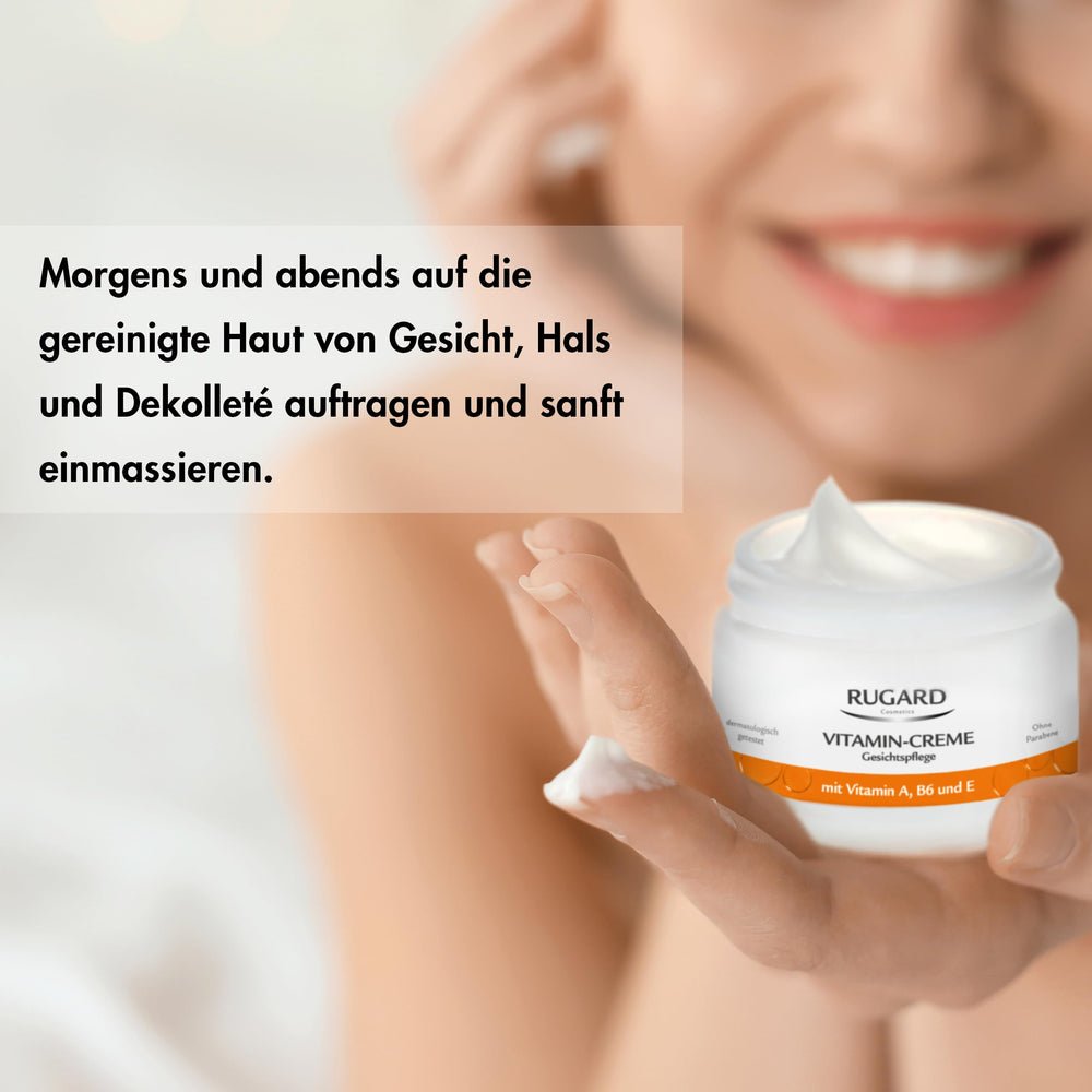 RUGARD Vitamin Cream jar close-up, premium packaging for daily skincare routine.