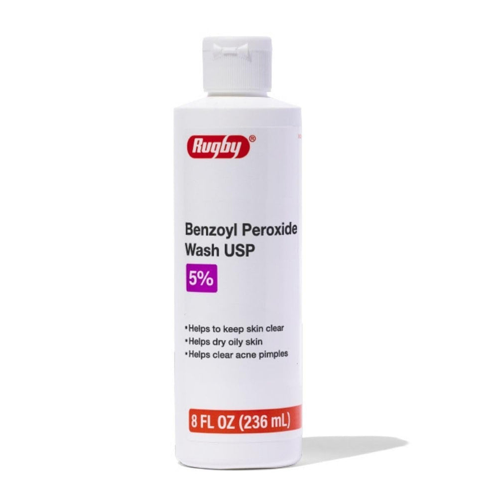Rugby Benzoyl Peroxide Wash 5% bottle for clear skin and simple cleansing.
