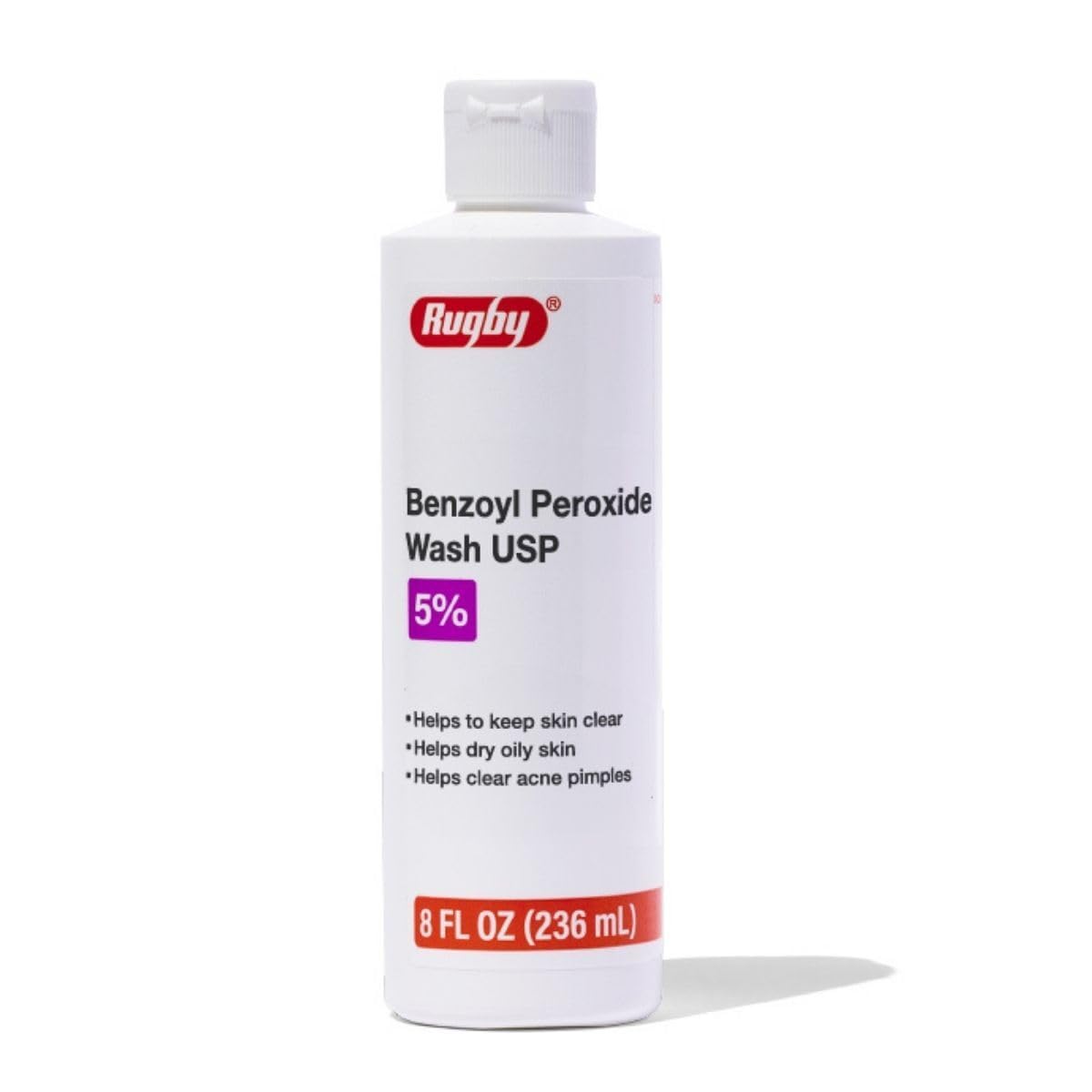 Rugby Benzoyl Peroxide Wash 5% bottle for clear skin and simple cleansing.