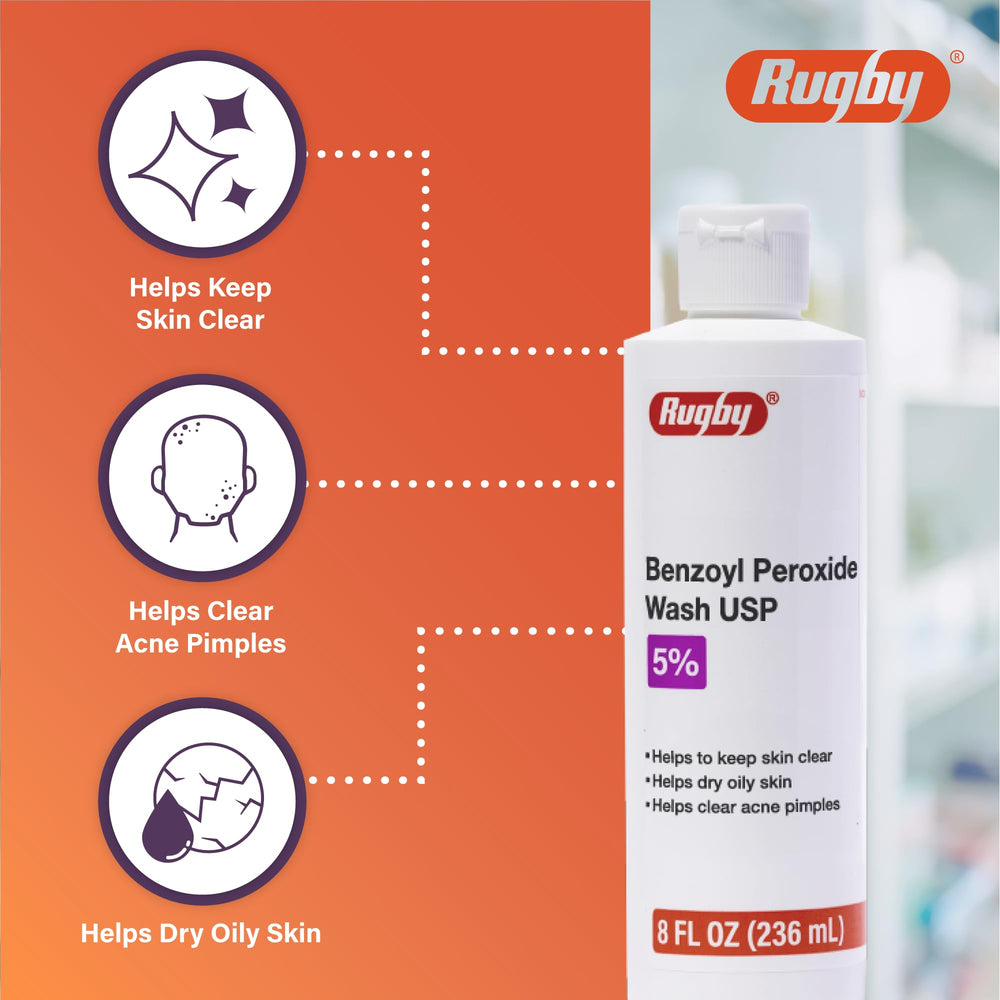 Rugby Benzoyl Peroxide Wash label closeup highlights 5% benzoyl peroxide.