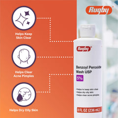 Rugby Benzoyl Peroxide Wash label closeup highlights 5% benzoyl peroxide.