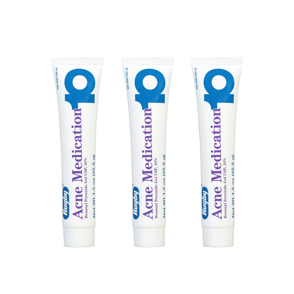 Rugby Laboratories benzoyl peroxide gel 10% tube for targeted acne care.