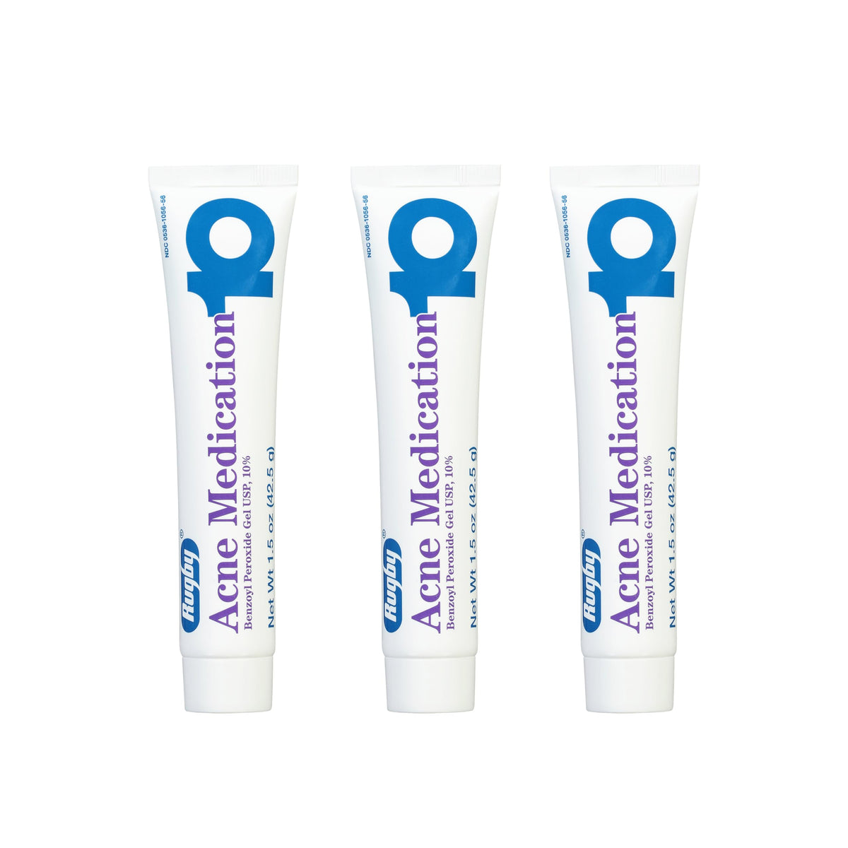 Rugby Laboratories benzoyl peroxide gel 10% tube for targeted acne care.