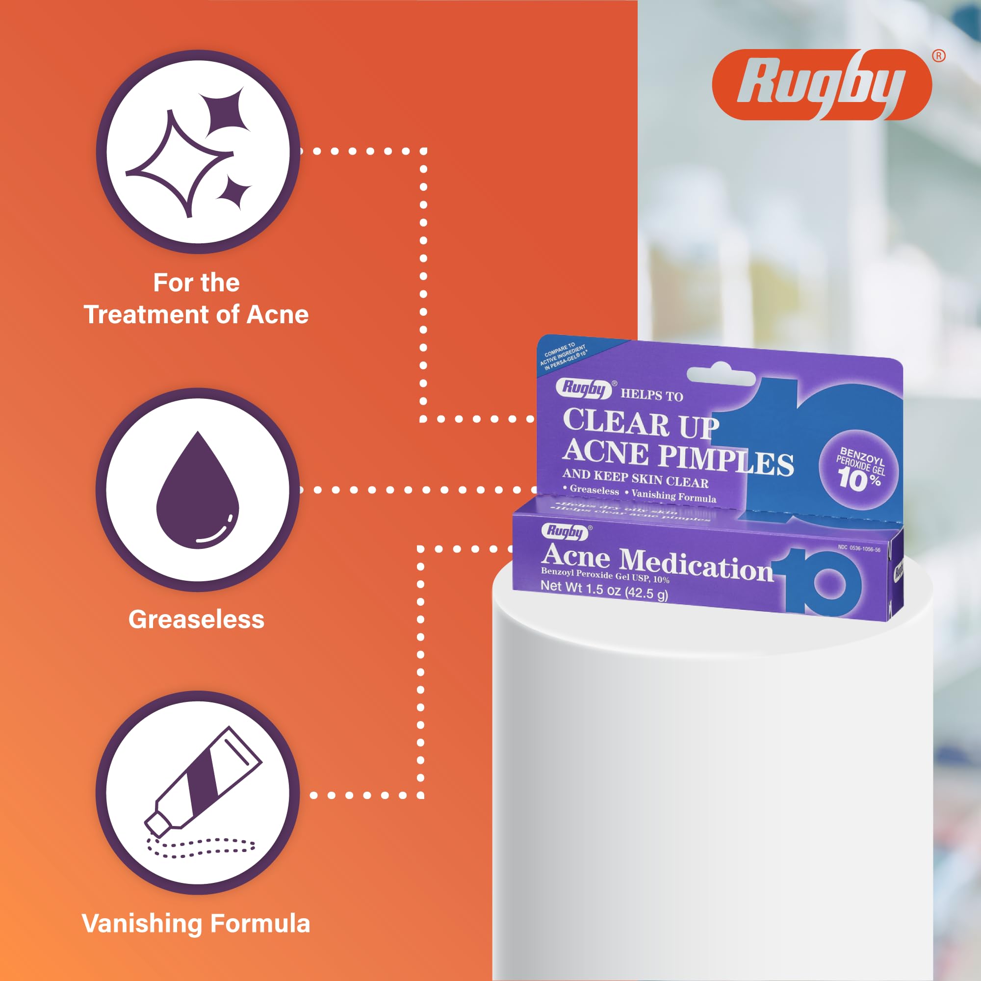 Rugby Laboratories benzoyl peroxide gel applied in daily facial routine.