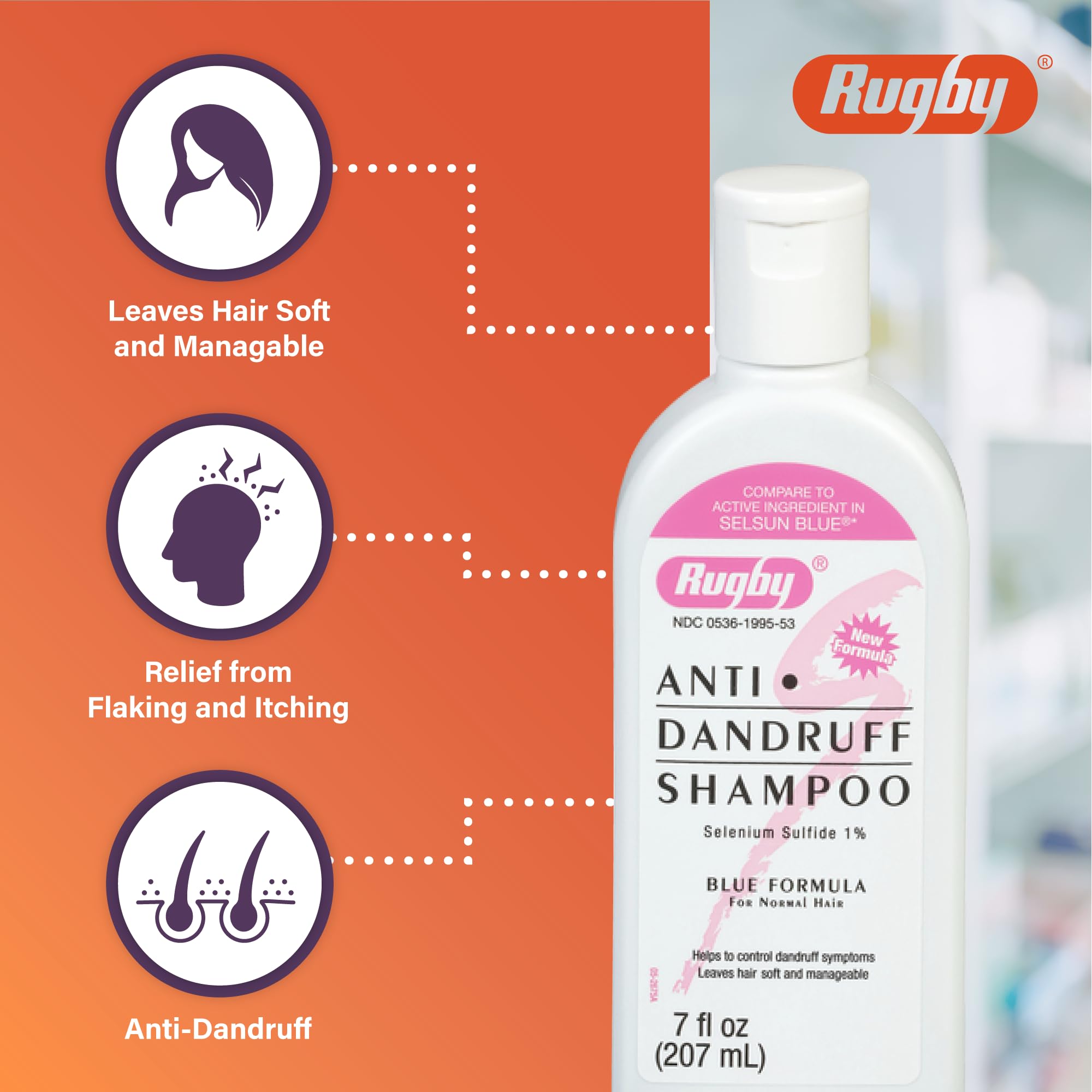 Rugby Selenium Sulfide 1% label highlights targeted relief for flaking and itching.