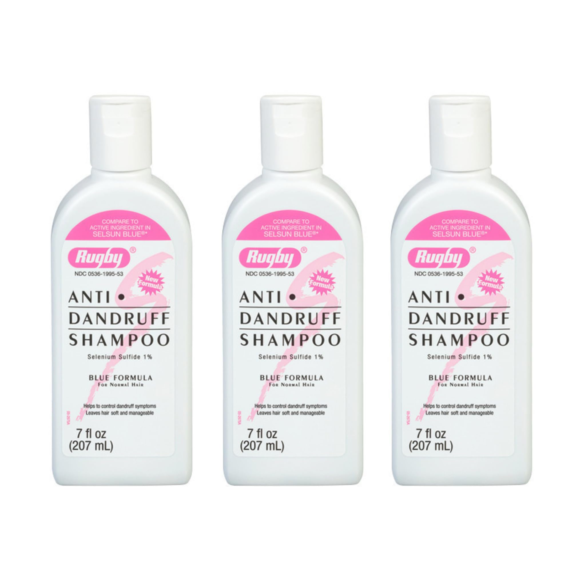 Rugby Selenium Sulfide shampoo bottle with blue formula helps control flakes.