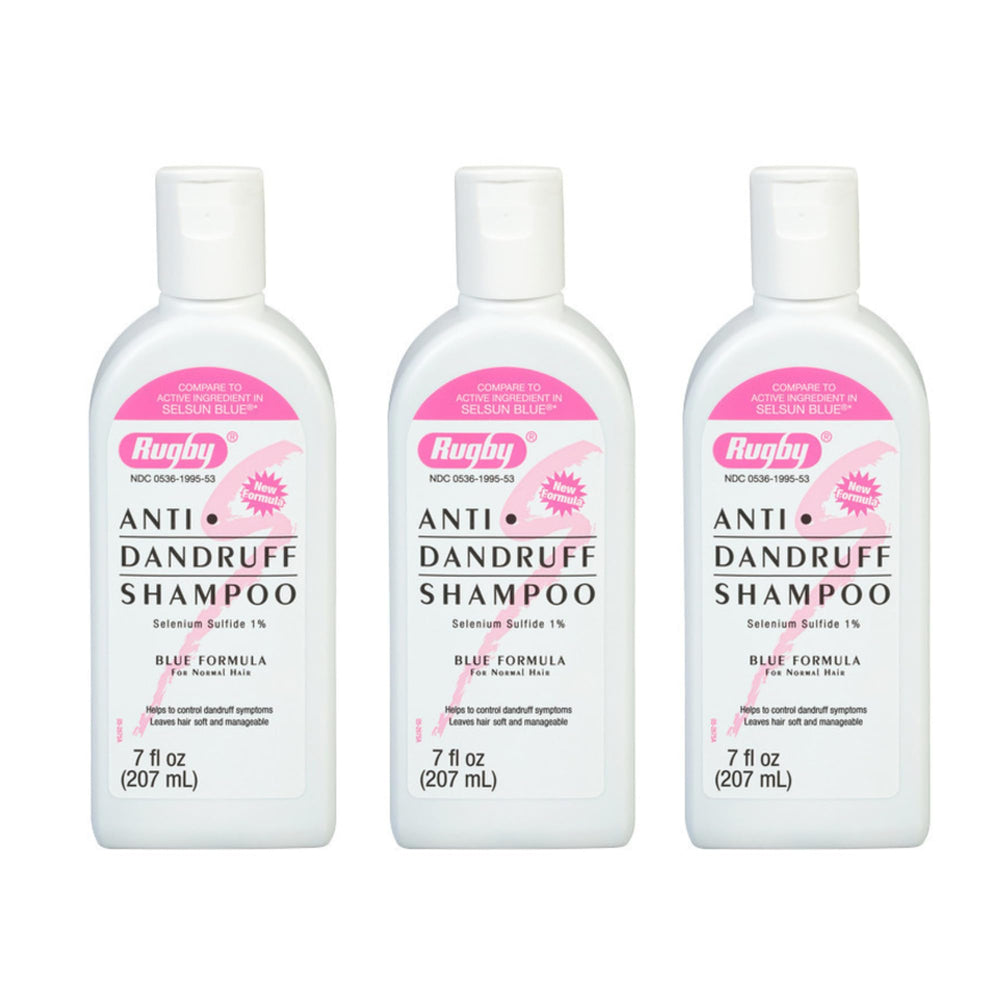 Rugby Selenium Sulfide shampoo bottle with blue formula helps control flakes.