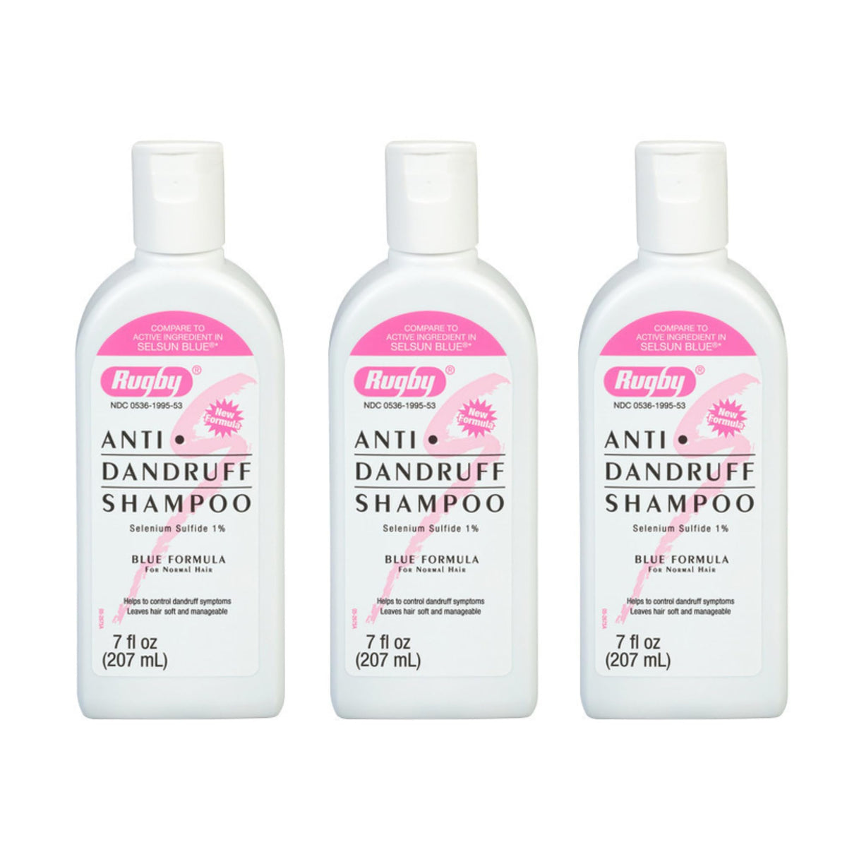 Rugby Selenium Sulfide shampoo bottle with blue formula helps control flakes.