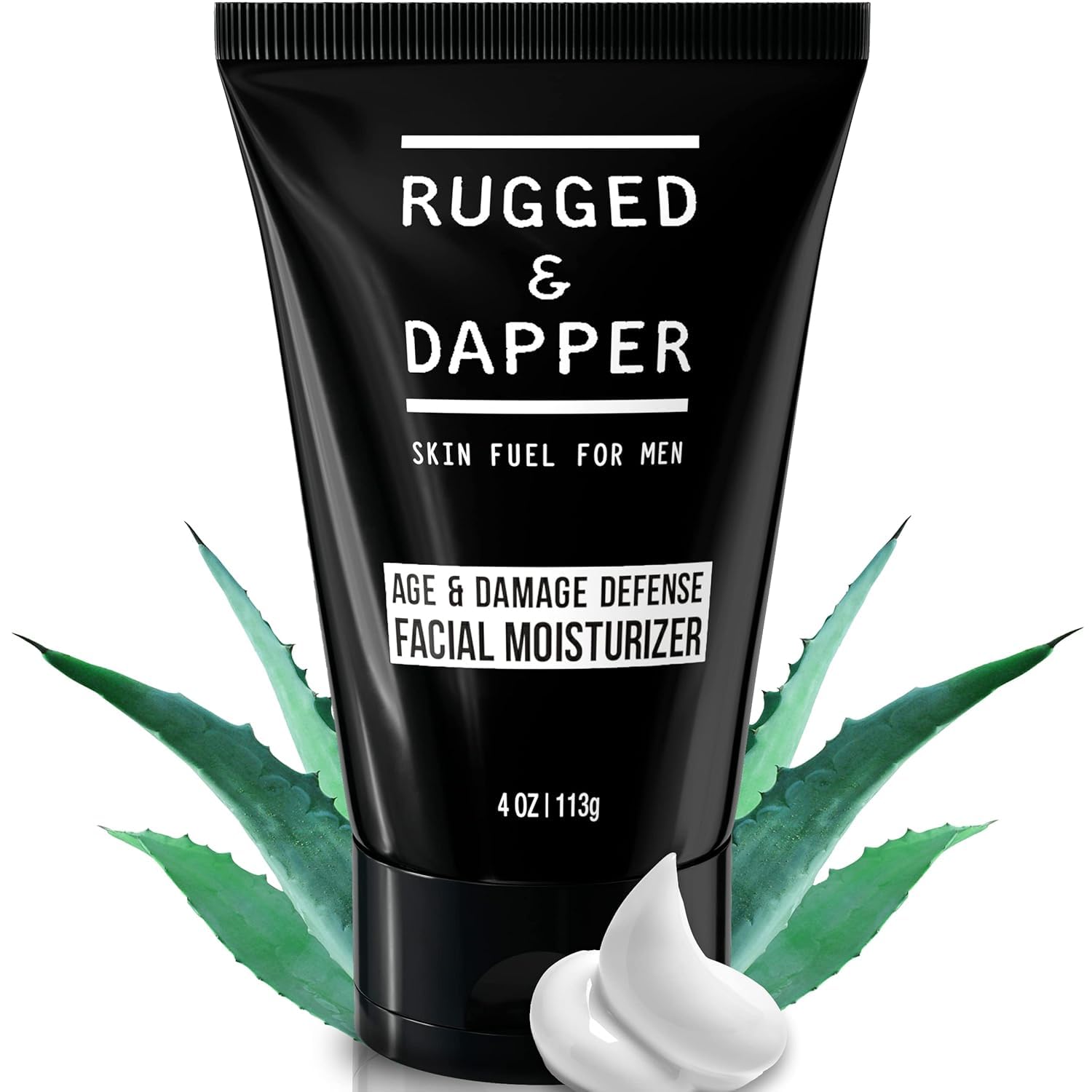 RUGGED & DAPPER Age Defense bottle closeup showing hydrating care for men
