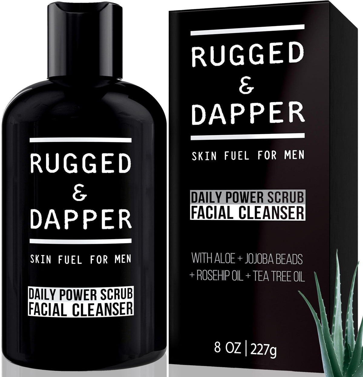 RUGGED & DAPPER daily face wash bottle front promotes easy daily use.