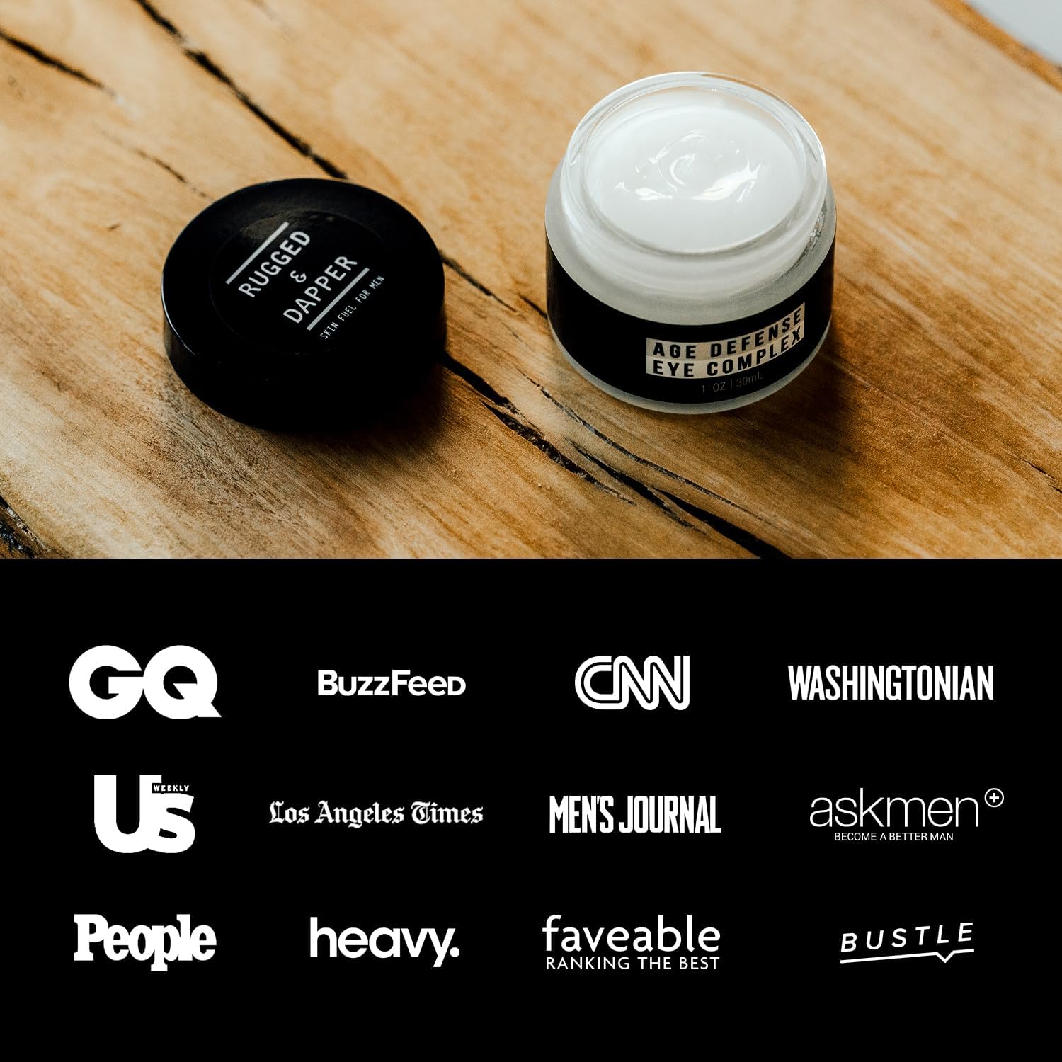 RUGGED & DAPPER hyaluronic acid and peptides label emphasizes hydration.