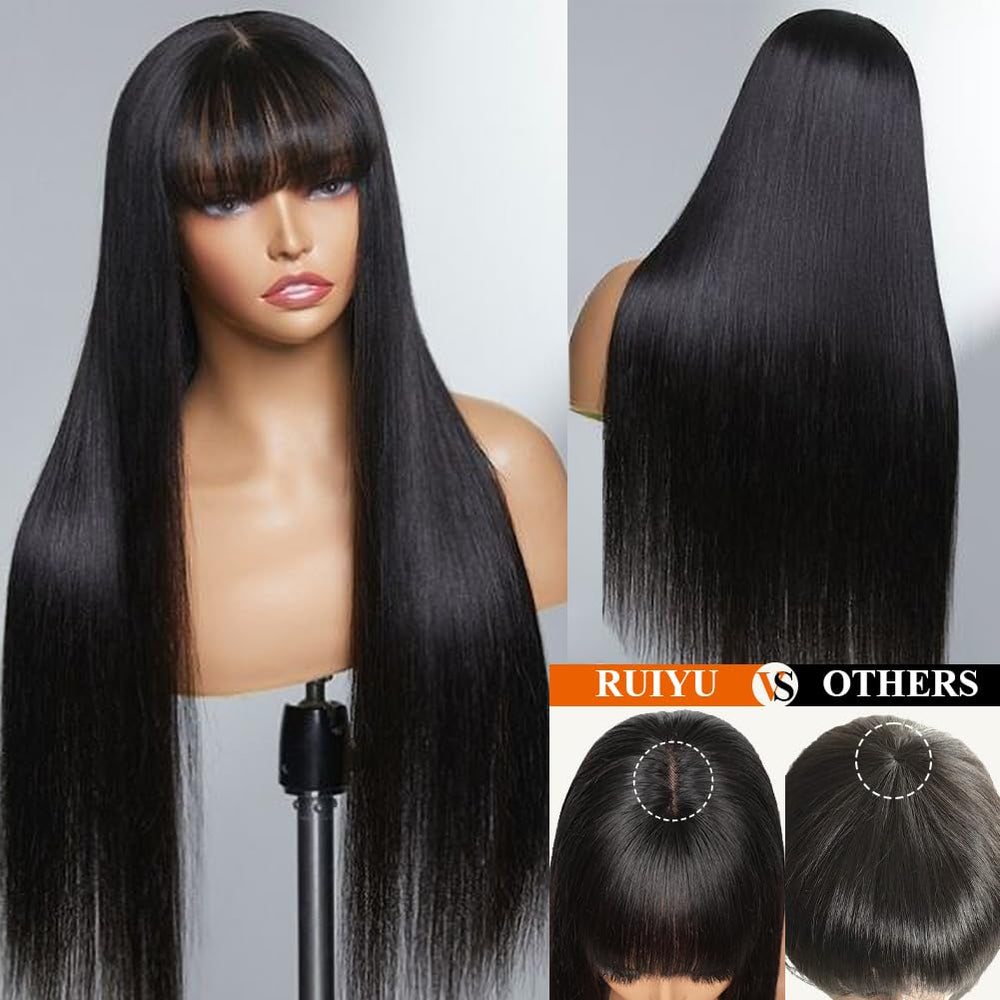 Ruiyu glueless wigs with bangs, adjustable cap for secure, comfortable wear.