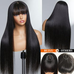 Ruiyu glueless wigs with bangs, adjustable cap for secure, comfortable wear.
