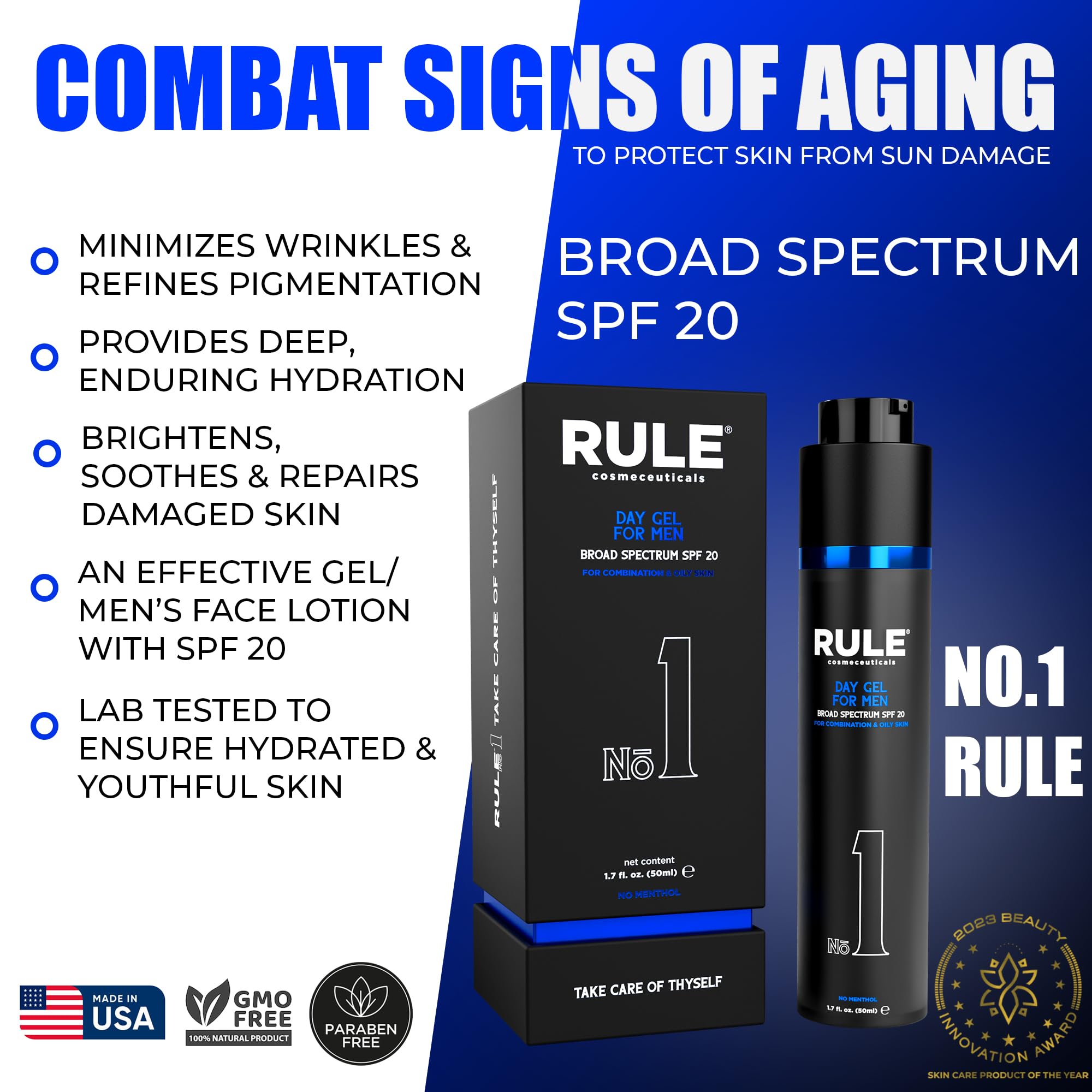 RULE COSMECEUTICALS No.1 Day Gel ingredients include hyaluronic acid and collagen for hydration.