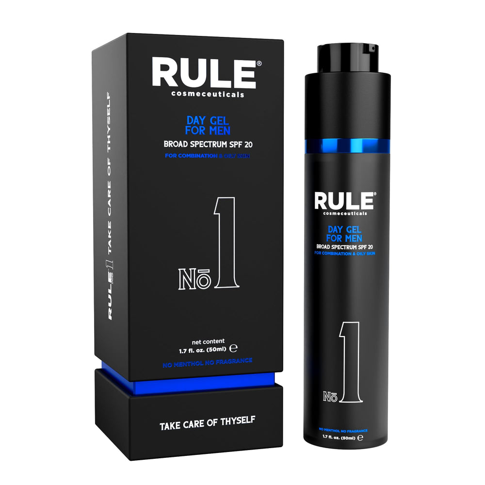 RULE COSMECEUTICALS No.1 Day Gel for Men bottle with SPF 20 for daily sun protection.