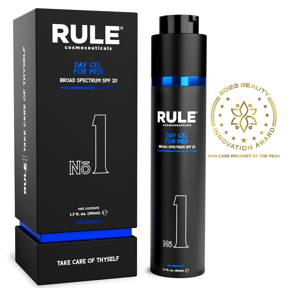 RULE COSMECEUTICALS No.1 Day Gel packaging elegantly displayed on shelf.