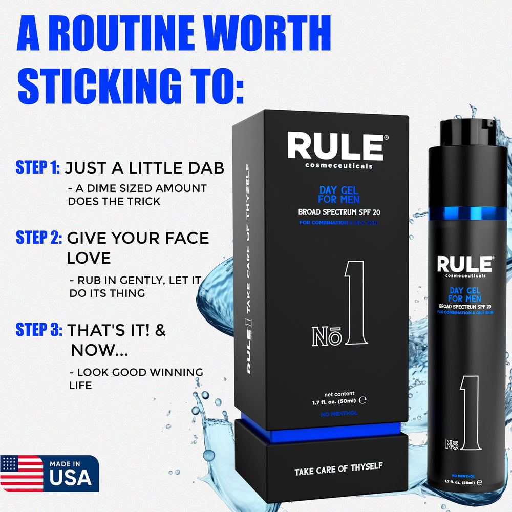 Close-up of SPF 20 label on RULE COSMECEUTICALS Day Gel for Men.