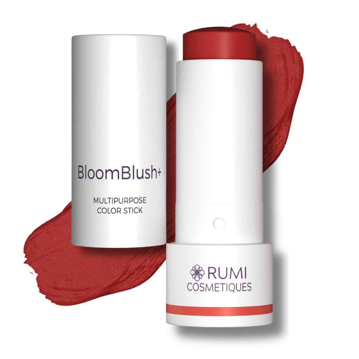 Rumi Cosmetiques BloomBlush+ Dusty Rose swatch on cheek for a soft, natural glow
