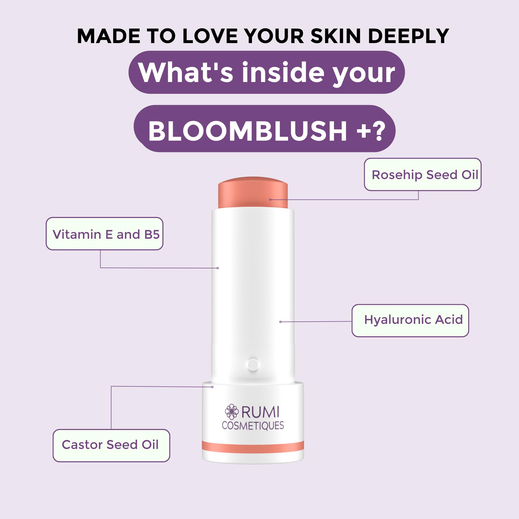 Rumi Cosmetiques BloomBlush+ packaging close-up shows shade label and tube