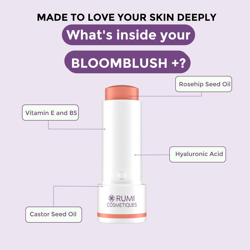 Rumi Cosmetiques BloomBlush+ packaging close-up shows shade label and tube