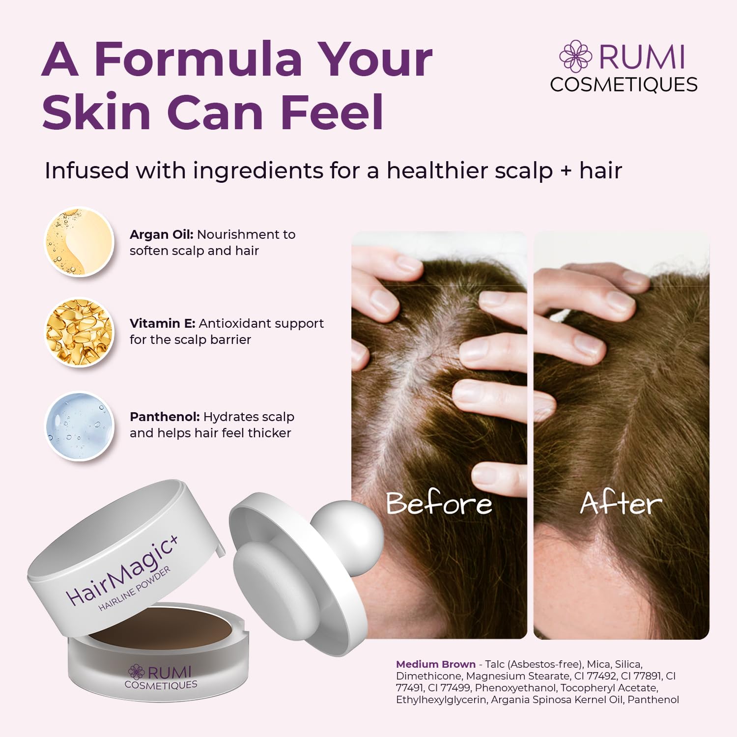 Rumi Cosmetiques HairMagic+ argan oil nourishes while concealing for a soft feel.