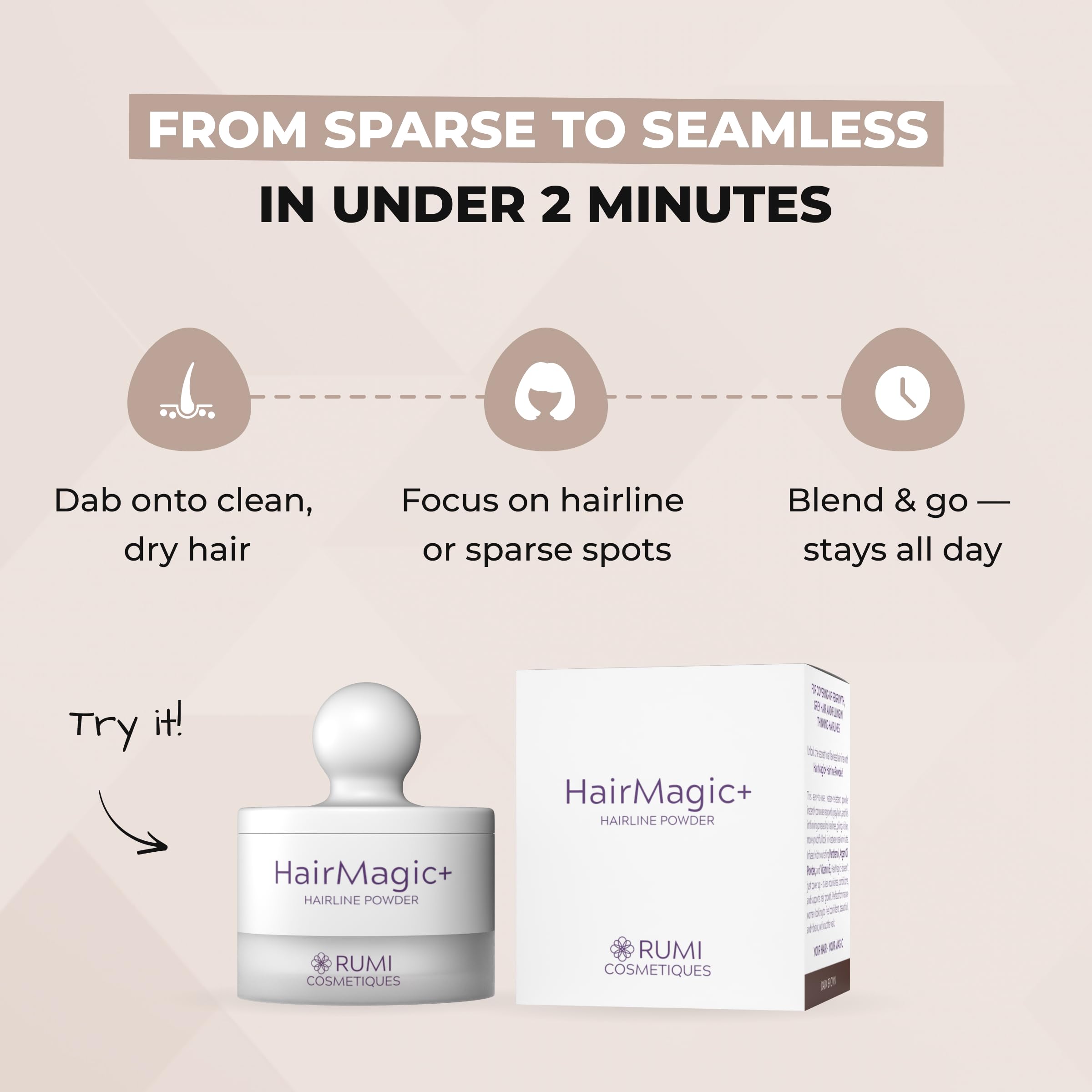 Rumi Cosmetiques HairMagic+ all-day coverage for busy days and activities.