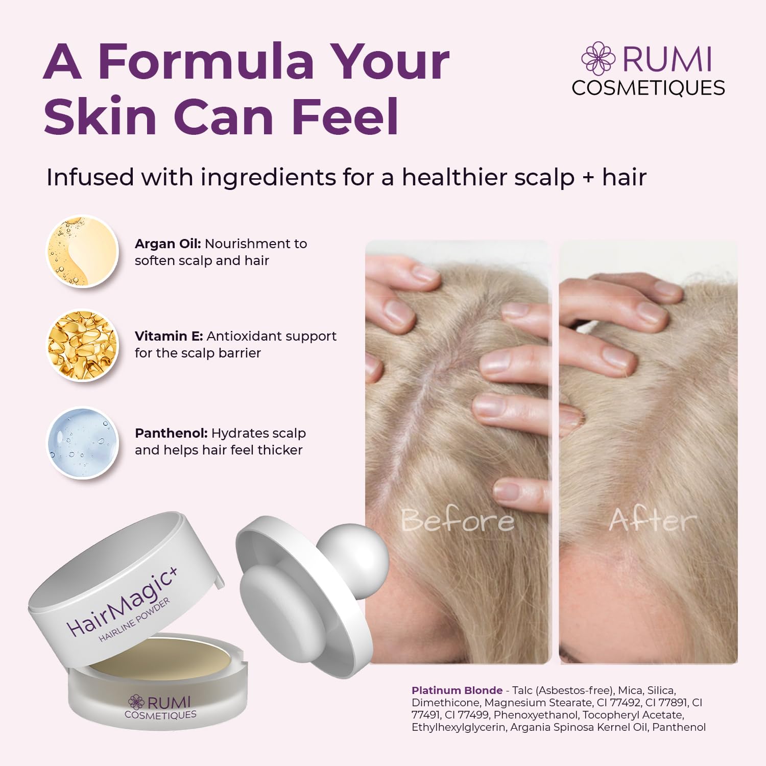Rumi Cosmetiques HairMagic+ platinum blonde shade blends naturally with your color.
