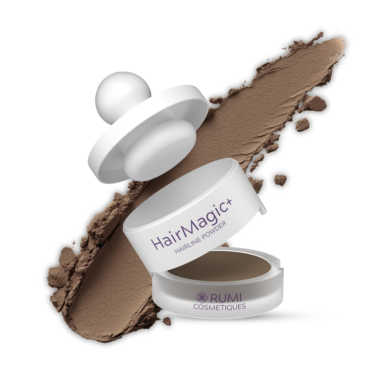 Rumi Cosmetiques HairMagic+ root coverage powder blends seamlessly for natural gray concealment.