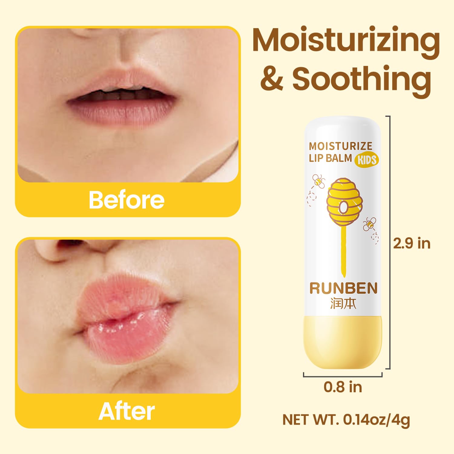 RUNBEN Kids Lip Balm apply-on lips close-up demonstrates smooth, non-greasy texture