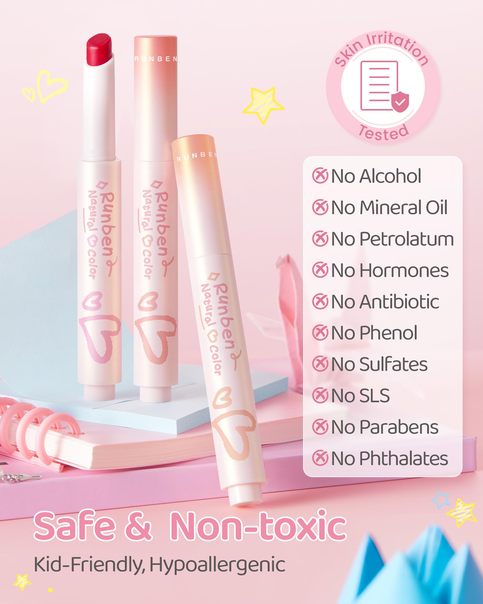 RUNBEN Lip balm application on lips offers easy glide for little hands.