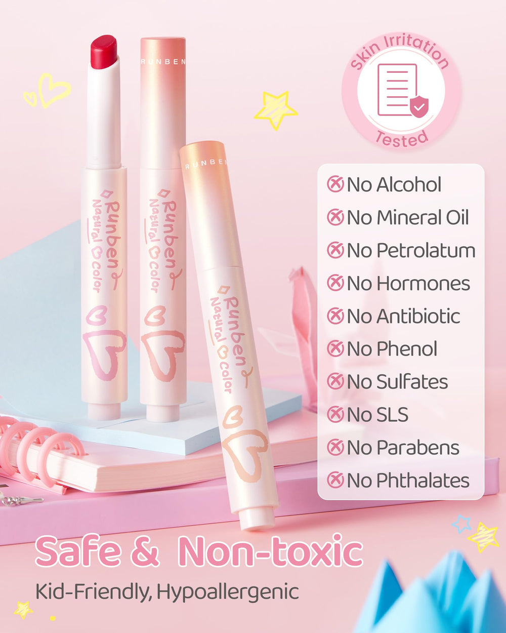 RUNBEN Lip balm application on lips offers easy glide for little hands.