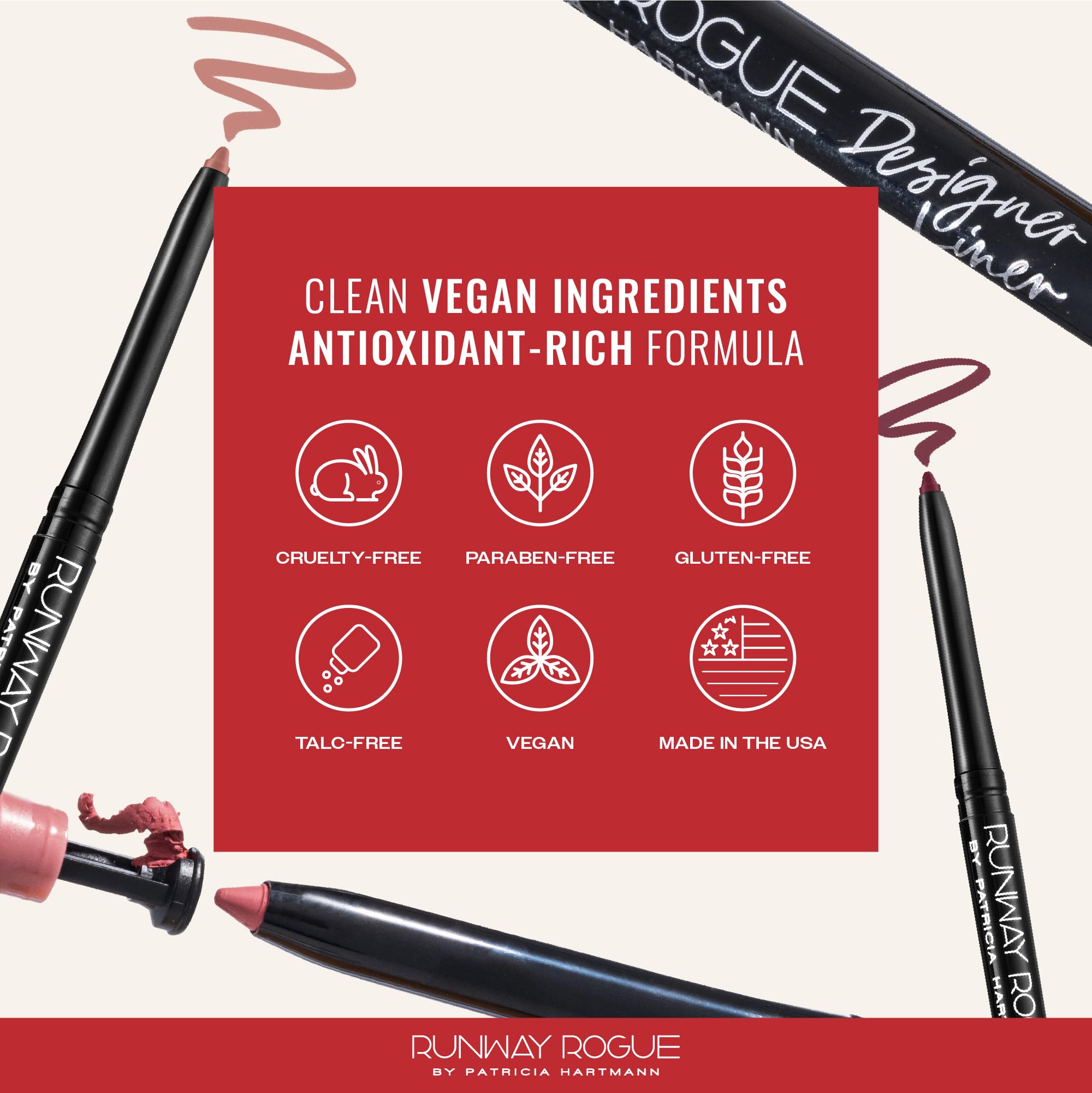 Runway Rogue 3D Chroma Technology with palmitoyl tripeptide-1 for smoother-looking lips.